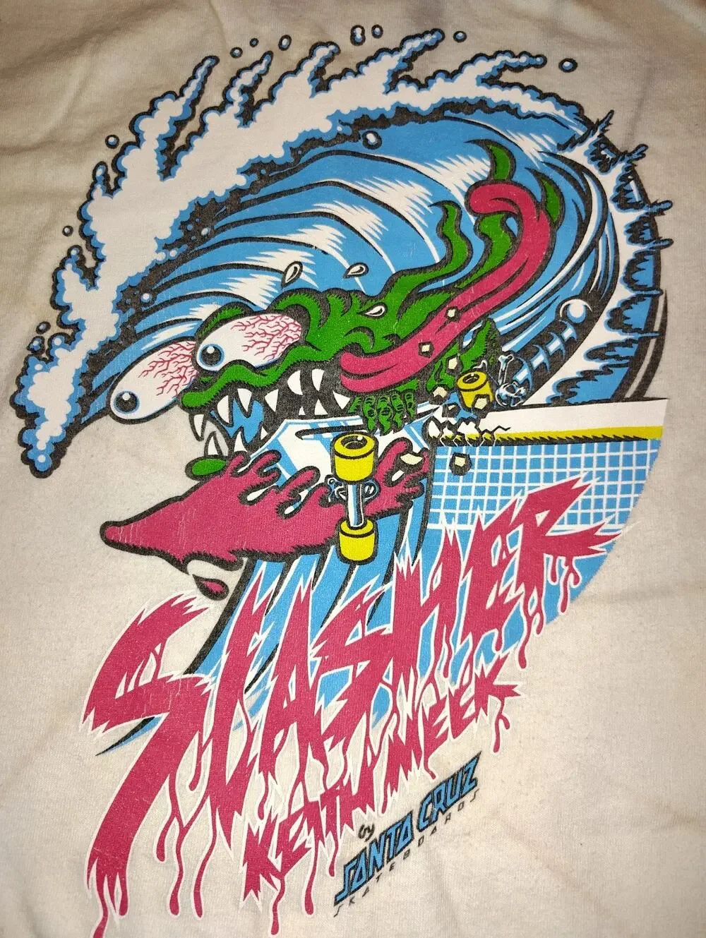 Santa Cruz Slasher Keith Meek T-Shirt L White NHS Vintage Skateboard Skate Y2K